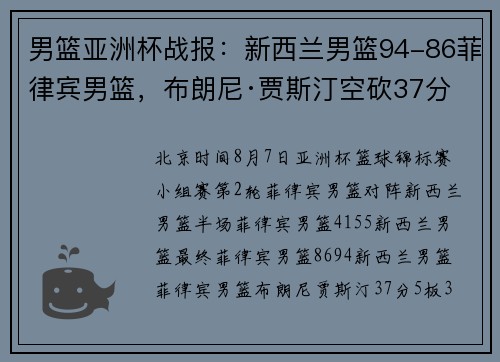 男篮亚洲杯战报：新西兰男篮94-86菲律宾男篮，布朗尼·贾斯汀空砍37分